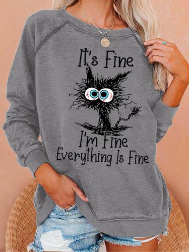 Womens Funny I Am Fine Black Cat Letter Crew Neck Sweatshirt - Just Fashion Now - Modalova