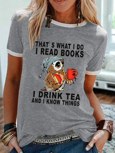 Women Owl That's What I Do I Read Books I Drink Tea And I Know Things Cotton-Blend Crew Neck T-Shirt - Modetalente - Modalova