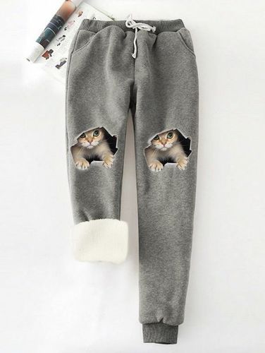 Funny Cat Fleece Elastic Waist Casual Pants - Just Fashion Now - Modalova