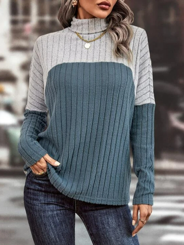 Color Contrast Turtleneck Long Sleeve T-Shirt - Just Fashion Now - Modalova