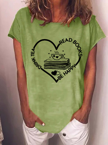 Women's Book Lover Drink Tea Read Books Be Happy Cotton-Blend Loose Casual T-Shirt - Just Fashion Now - Modalova