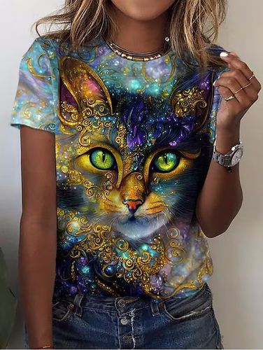Women's T shirt Tee Yellow Cat 3D Print Short Sleeve Daily Weekend Basic Round Neck - Just Fashion Now - Modalova