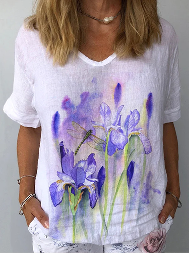 Women Watercolor Iris and Dragonfly Print Cotton Linen Shirt - Just Fashion Now - Modalova