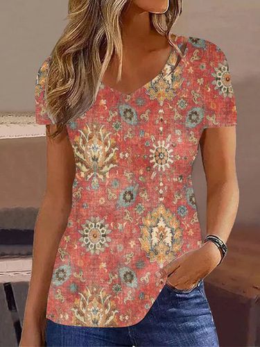 V Neck Ethnic Vintage Regular Fit Shirt - Just Fashion Now - Modalova