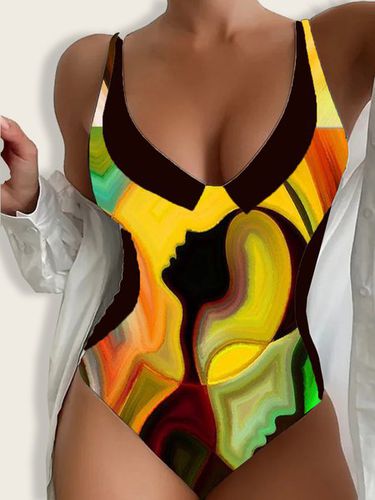 Vacation Abstract Printing V Neck One-Piece Swimsuit - Just Fashion Now - Modalova