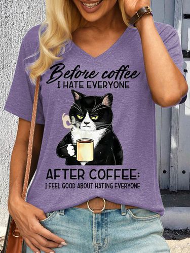 Women's Before Coffee I Hate Everyone After Coffee Black Cat Drink Letters Casual T-Shirt - Modetalente - Modalova