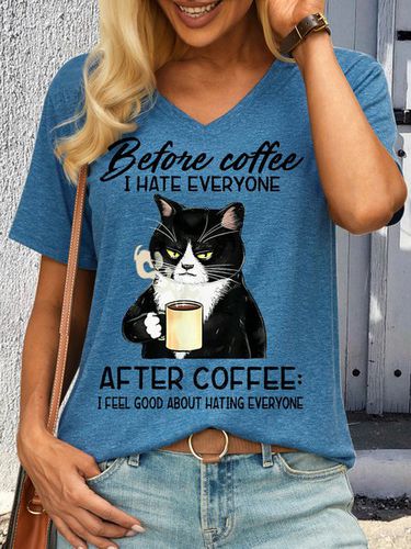 Women's Before Coffee I Hate Everyone After Coffee Black Cat Drink Letters Casual T-Shirt - Modetalente - Modalova