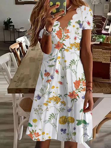 Loose Floral V Neck Casual Dress With No - Just Fashion Now - Modalova