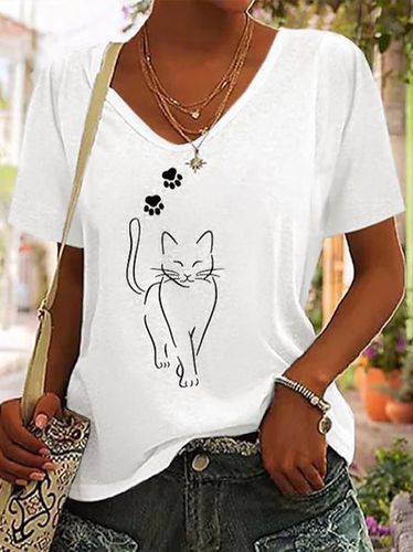 Casual V Neck Cotton Cat T-Shirt - Just Fashion Now - Modalova