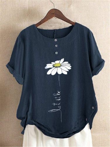 Casual Floral-Print Cotton&Linen Short Sleeve T-shirt - Just Fashion Now - Modalova