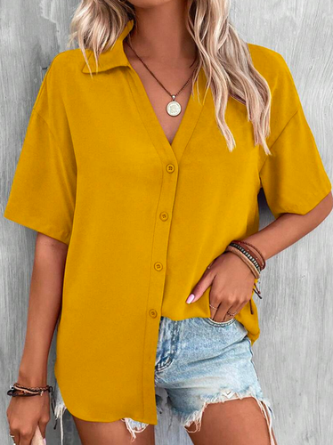 Casual Loose Shirt Collar Plain Blouse - Just Fashion Now - Modalova