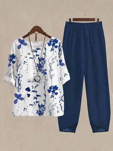 Crew Neck Buckle Floral Casual Two-Piece Set - Modetalente - Modalova