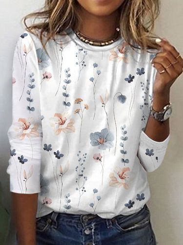 Casual Floral Loose Knitted T-Shirt - Just Fashion Now - Modalova