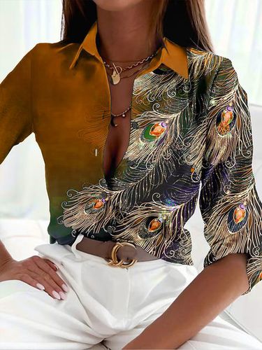 Casual Shirt Collar Feather Pattern Blouse - Modetalente - Modalova