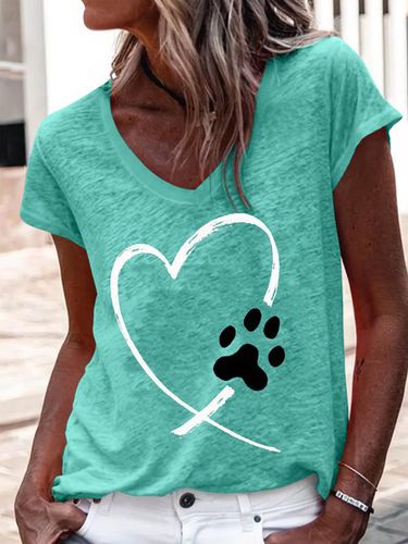 Women's Heart Dog Paw Print Casual V Neck T-Shirt - Just Fashion Now - Modalova