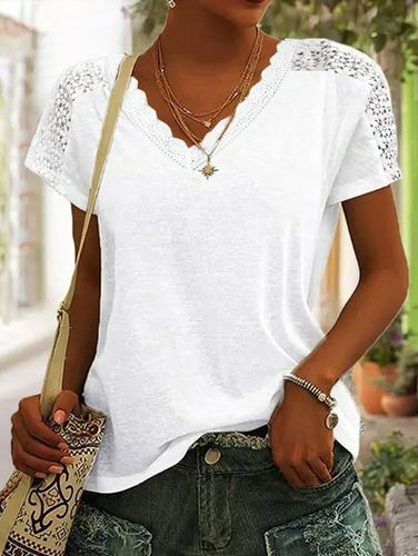 Casual Lace Loose V Neck Lace T-Shirt - Just Fashion Now - Modalova
