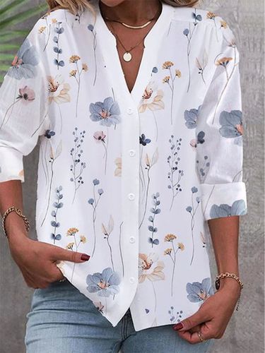 V Neck Casual Loose Buttoned Blouse - Just Fashion Now - Modalova