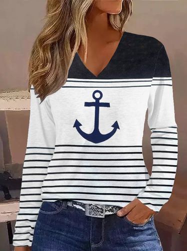 Loose Striped Anchor Casual V Neck T-Shirt - Just Fashion Now - Modalova