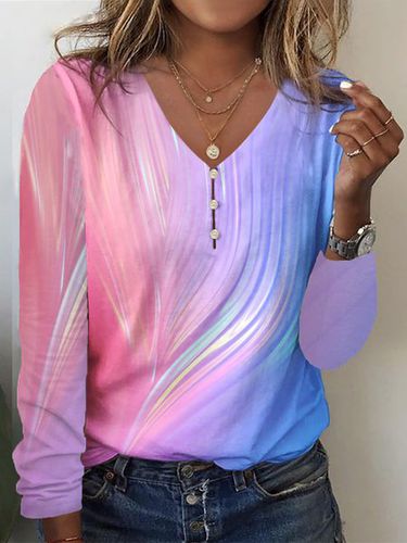 Abstract Casual Loose V Neck Buckle Long Sleeve T-Shirt - Just Fashion Now - Modalova