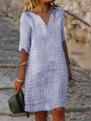 Striped Loose V Neck Casual Dress - Just Fashion Now - Modalova