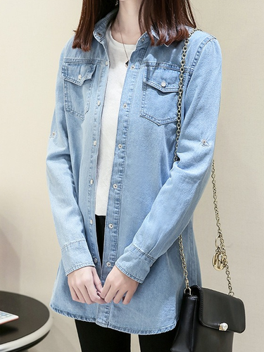 Plain Long Sleeve Casual Buckle Pockets Denim Coat - Modetalente - Modalova