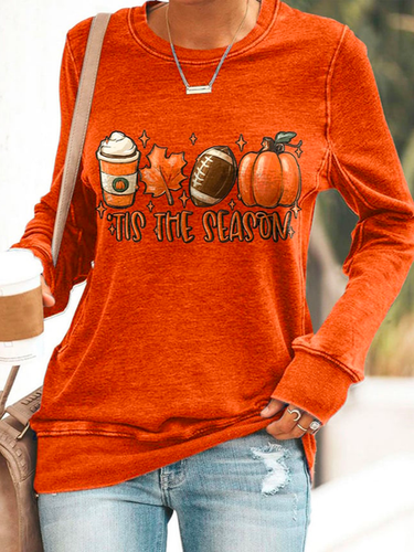 Casual Halloween Football Tis The Season Pumpkin Maple Leaf Print Sweatshirt - Just Fashion Now - Modalova