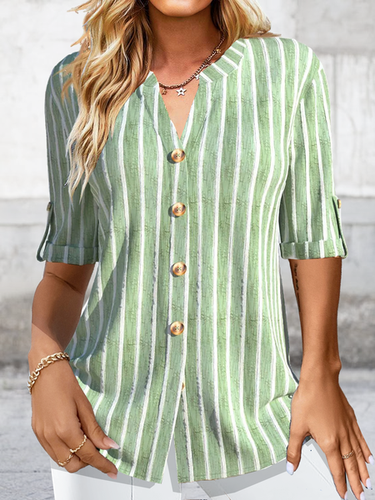 Striped Notched Casual Buttoned Long Sleeve Loose Blouse - Just Fashion Now UK - Modalova