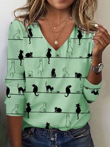 Cat Casual V Neck Knitted T-Shirt - Modetalente - Modalova
