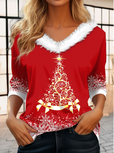 Casual Fur Collar Christmas Tree T-Shirt - Just Fashion Now - Modalova