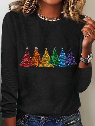 Women's Christmas Tree Cotton-Blend Crew Neck Casual Long Sleeve Shirt - Modetalente - Modalova