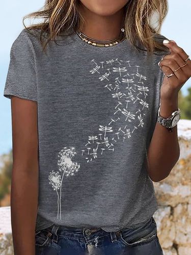 Casual Dandelion Printed Crew Neck Jersey T-Shirt - Just Fashion Now - Modalova