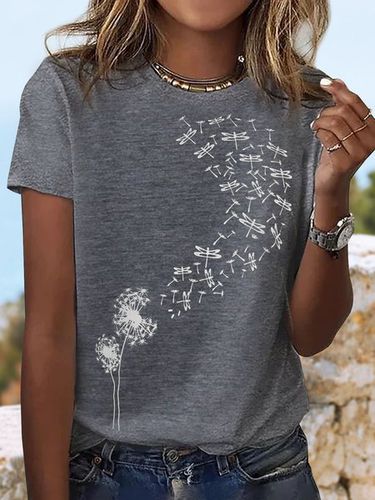 Casual Dandelion Printed Crew Neck Jersey T-Shirt - Modetalente - Modalova