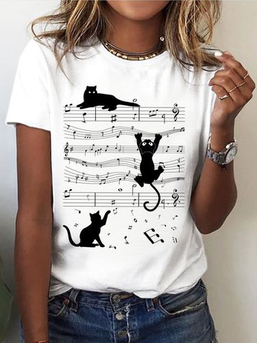 Jersey Casual Cat Printed Crew Neck T-Shirt - Modetalente - Modalova