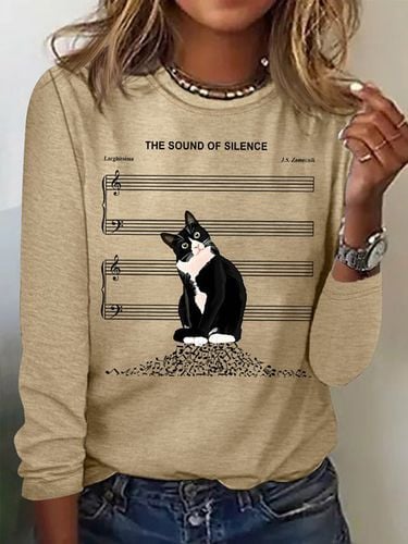 Women's The Sound Of Silence Funny Cute Cat Musical Staff Graphic Printing Casual Regular Fit Cat Crew Neck Shirt - Just Fashion Now - Modalova