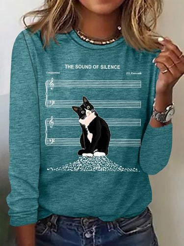 Women's The Sound Of Silence Funny Cute Cat Musical Staff Graphic Printing Casual Regular Fit Cat Crew Neck Shirt - Just Fashion Now - Modalova