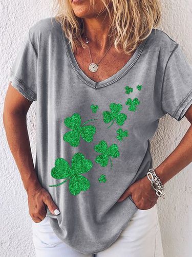 Women's St. Patricks Day Glitter Shamrocks V Neck T-Shirt - Modetalente - Modalova