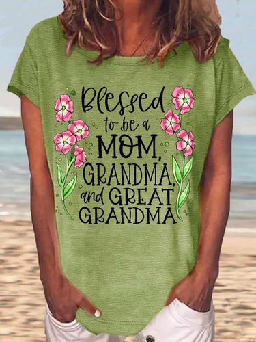 Women's Blessed to Be a Mom Grandma and Great Grandma Casual Crew Neck Letters T-Shirt - Modetalente - Modalova