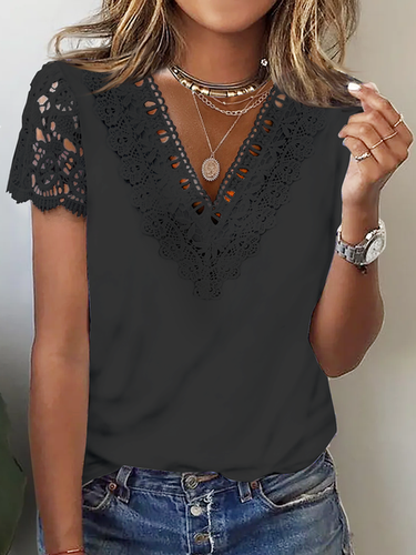 Lace Casual V Neck Loose T-Shirt - Just Fashion Now - Modalova