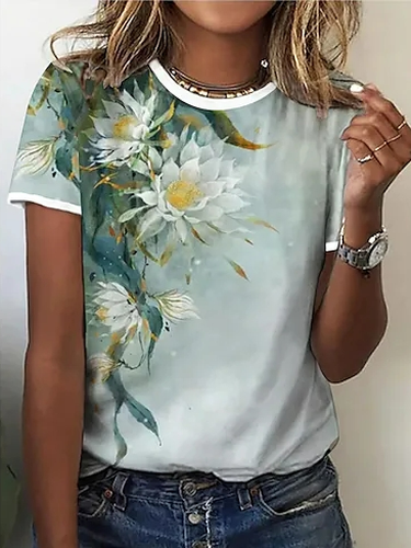 Floral Casual Crew Neck T-Shirt - Just Fashion Now - Modalova