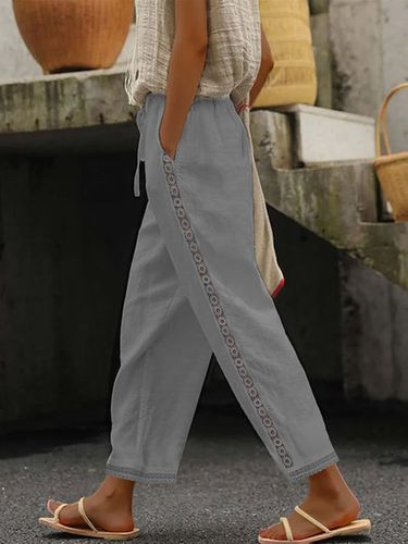 Casual Plain Lace-Up Patchwork lace Cotton Pants - Just Fashion Now - Modalova