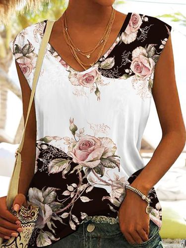 V Neck Casual Jersey Floral Printed Tank Top - Modetalente - Modalova