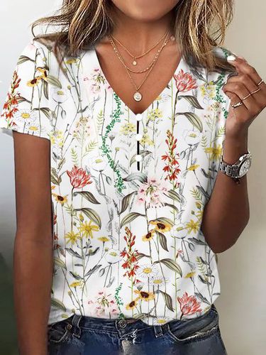 Casual Floral Printed Jersey V Neck T-Shirt - Modetalente - Modalova