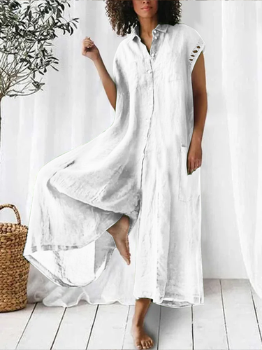 Shirt Collar Short Sleeve Solid Color Cotton Linen Jumpsuit - Just Fashion Now - Modalova