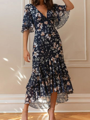 Floral Elegant Chiffon Flare Sleeve Dress - Modetalente - Modalova