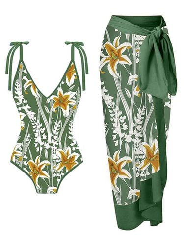 Vacation Floral Printing V Neck One Piece With Cover Up - Just Fashion Now - Modalova