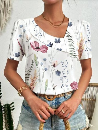 Casual Asymmetrical Collar Floral Shirt - Just Fashion Now - Modalova