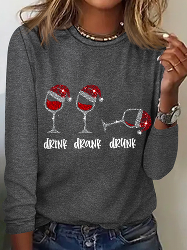 Women's Funny Christmas Drink Drank Drunk Red Wine Glass Casual Crew Neck Regular Fit Shirt - Modetalente - Modalova