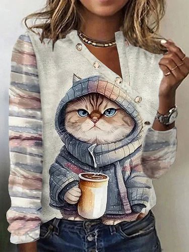 Asymmetrical Collar Casual Cat T-Shirt - Modetalente - Modalova