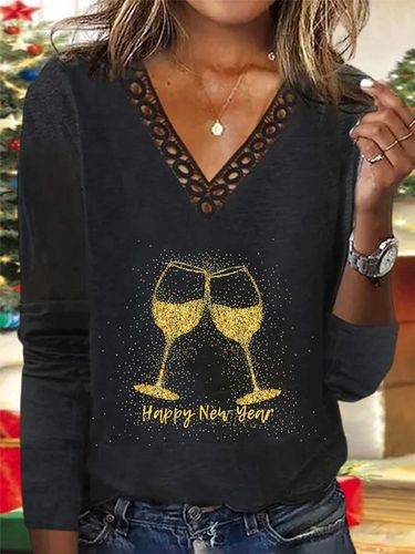 Wine Glass Long Sleeve Lace V Neck Casual T-Shirt - Modetalente - Modalova