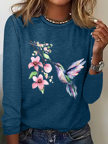 Women's Hummingbird Watercolor Nature Bird Lover Crew Neck Cotton-Blend Casual Long Sleeve Shirt - Modetalente - Modalova